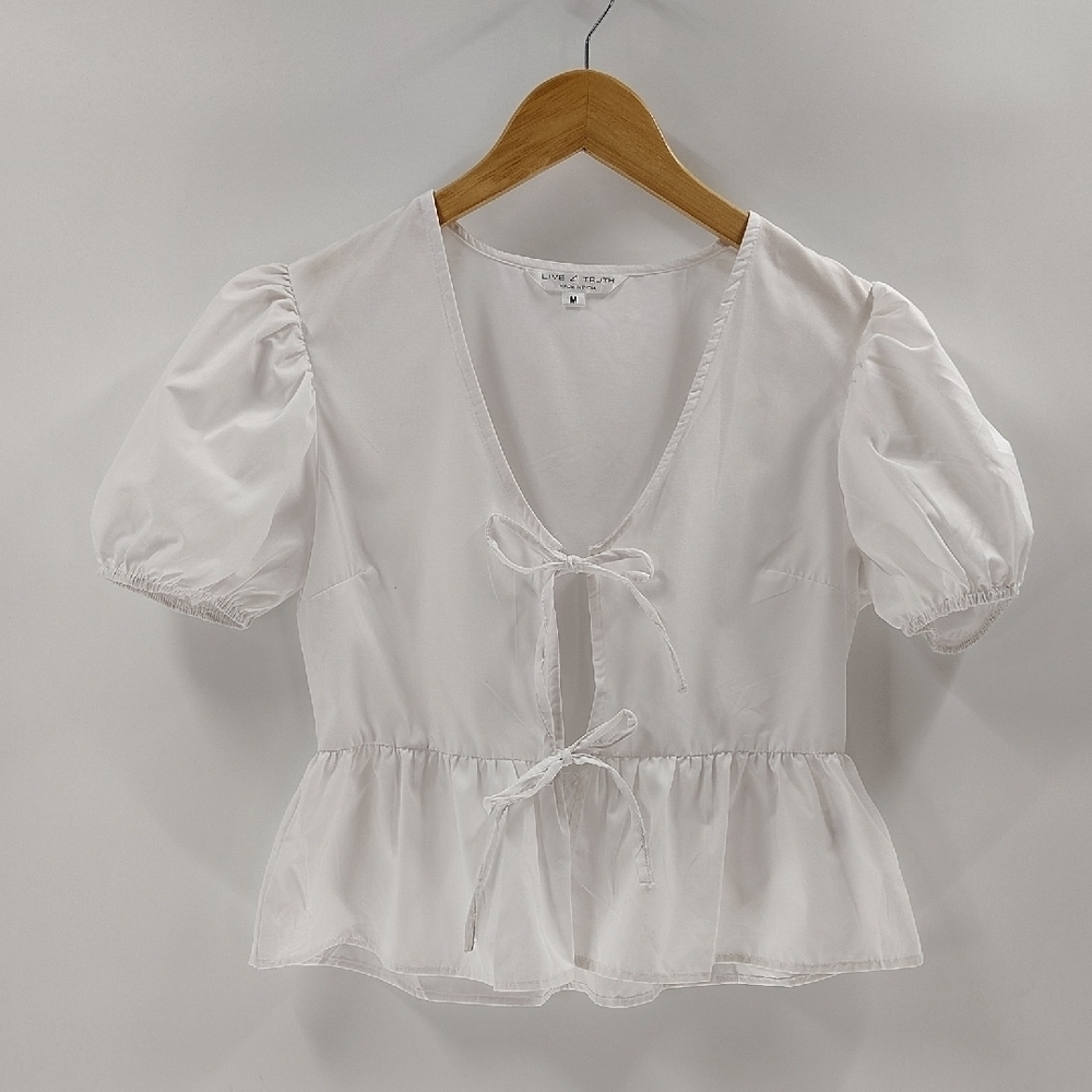 Live 4 Truth Blouse Size Medium White Front Tie Puff Short Sleeve